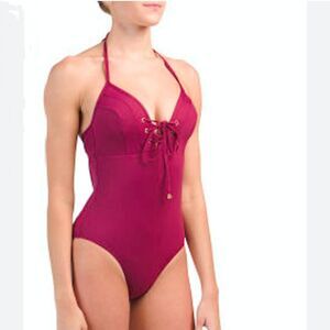 Nip Tuck Bond-Eye Lace Up Front Multifit Cup Halter Swimsuit Plum UK12 US8
